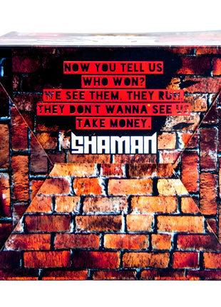 Shaman Coconut Charcoal packaging with bold quote on brick wall and Shaman logo