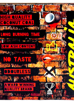 Shaman Coconut Charcoal packaging highlighting high quality, long burn, low ash, and odourless features