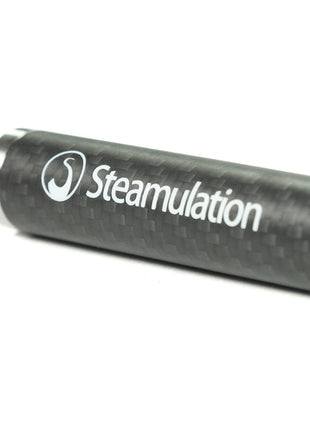 Close-up view of Steamulation Carbon Mouthpiece with logo.
