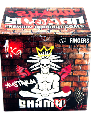 Close-up of Rockstar Shaman Fingers Coconut Charcoal graphic with bold 1kg label