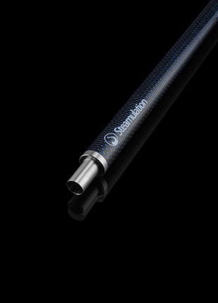 Close-up of Steamulation Carbon Mouthpiece in blue finish on black background.
