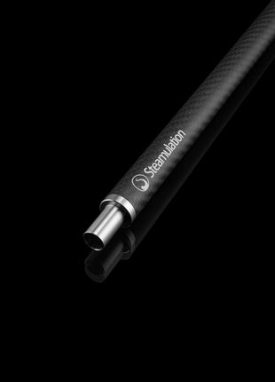 Close-up of Steamulation Carbon Mouthpiece in black finish on black background.
