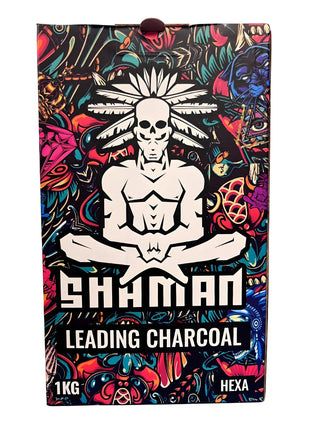 Shaman Hexa Leading Charcoal 1KG Package featuring vibrant artwork and tribal design elements, ideal for enhancing hookah sessions with quality and style