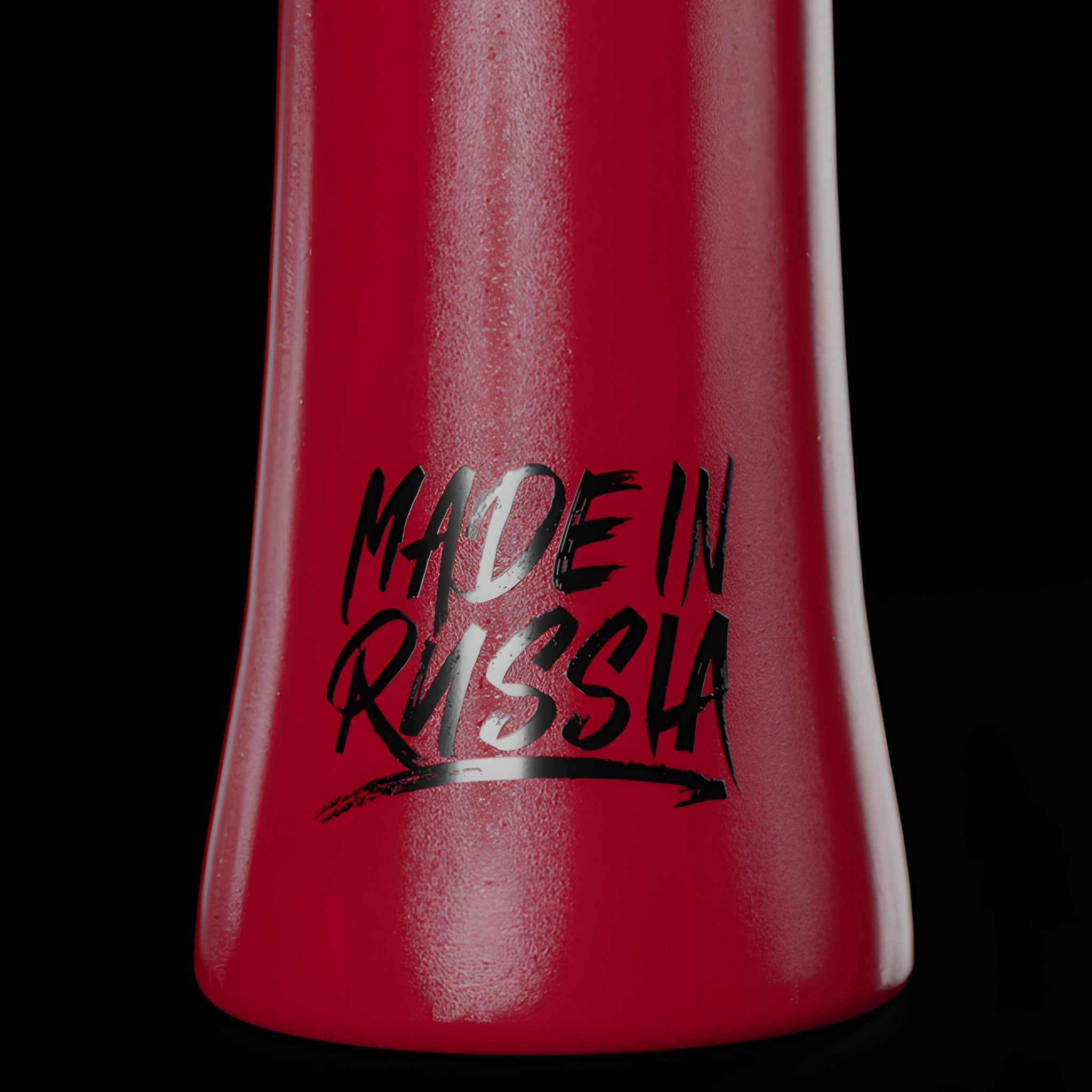Close-up of the "Made in Russia" engraving on the Cosmo Mixology Phunnel Bowl in vibrant red