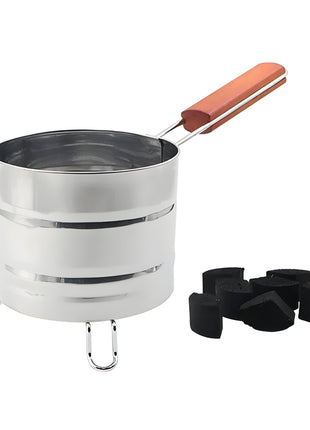 Stainless steel charcoal holder with wooden handle and shisha coals