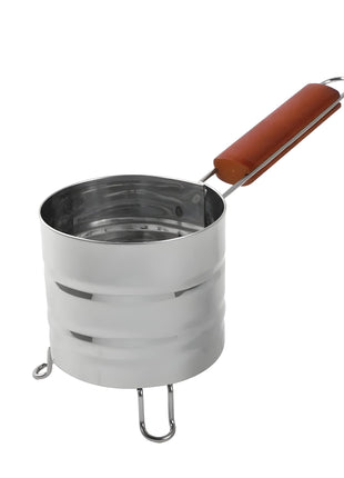Stainless steel charcoal holder with wooden handle, side view