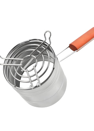 Stainless steel charcoal holder with wooden handle, bottom view showing grill structure
